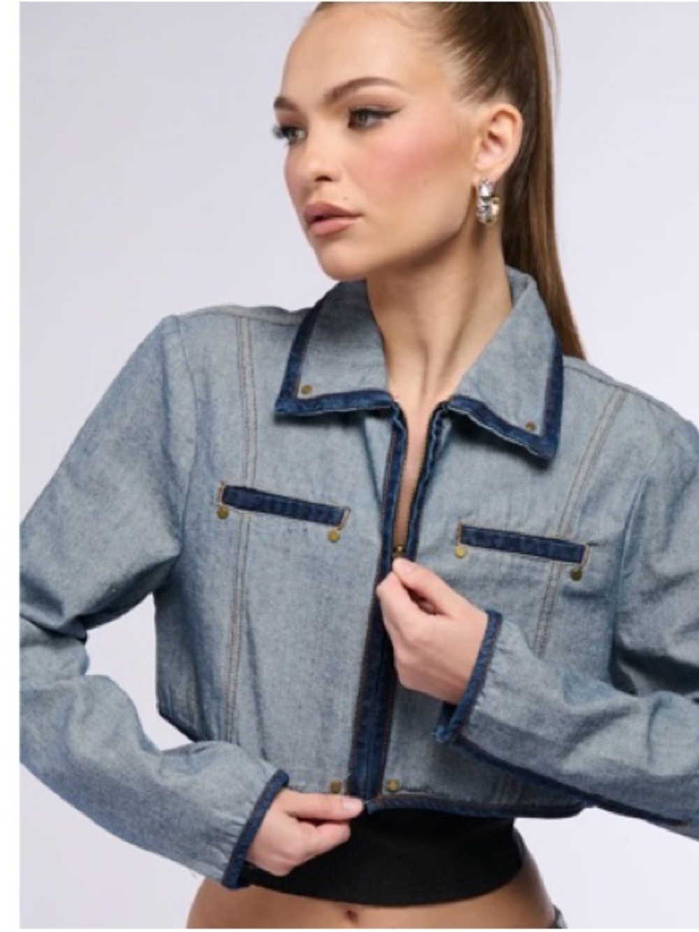 AKIRA Light Blue Denim Cropped Jacket with Dark Blue Trim